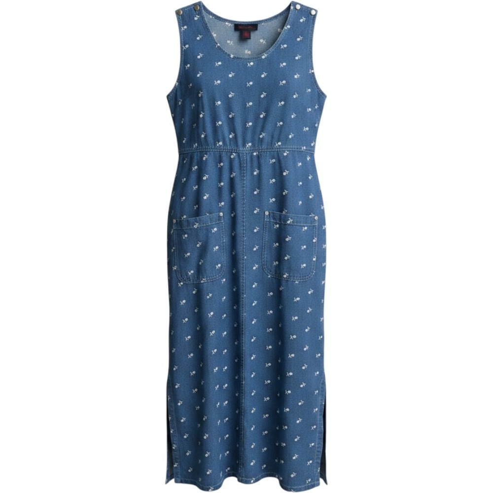 Denim & Co Maxi Dress Women Small Blue Floral Embroidered Cotton Chore Pockets